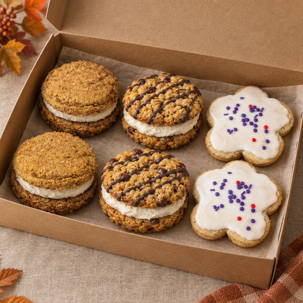 Illustrative Fall Cookie Box with two Pumpkin Maple Sandwich Cookies, two Oatmeal Cranberry Cream Cookies, and two Almond Glazed Spiced Teacakes, based on product photos.