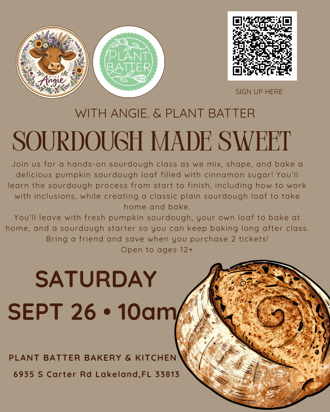 September 26th, Sat. 10:00a - 12:30p - Sourdough Made Sweet Workshop ...with Angie