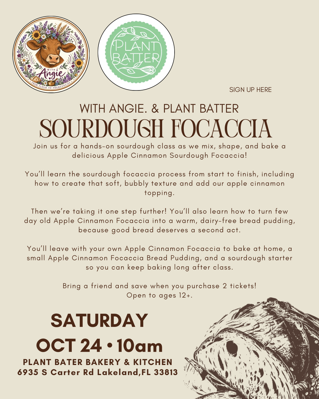 October 24th, Sat. 10:00a - 12:30p - Sourdough Focaccia Workshop ...with Angie
